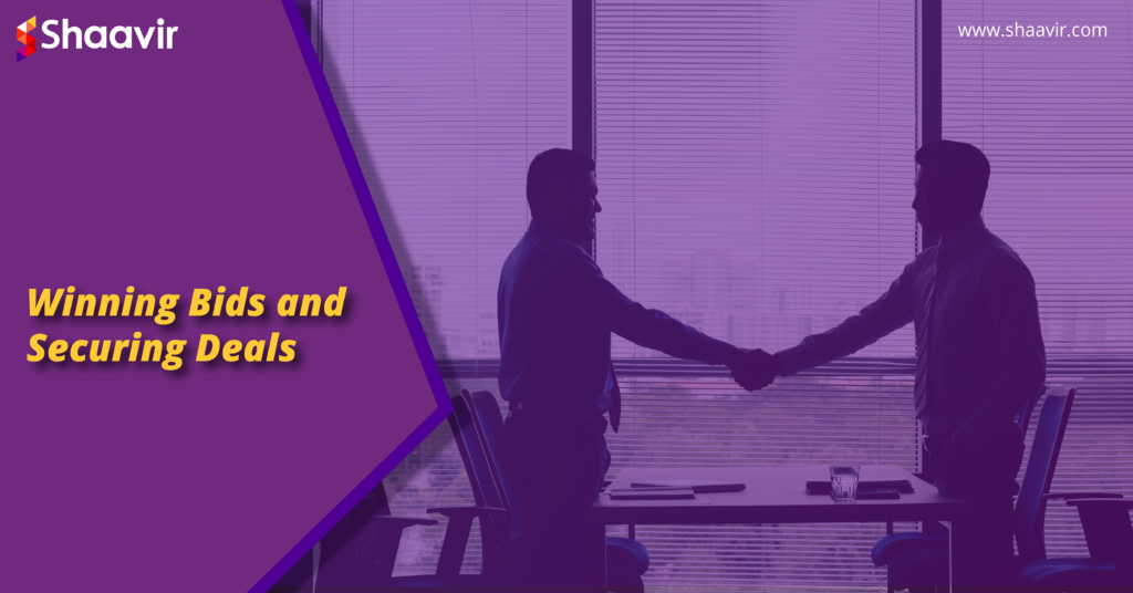 Two professionals shaking hands after a successful business meeting, with the text ‘Shaavir - Winning Bids and Securing Deals’ displayed.