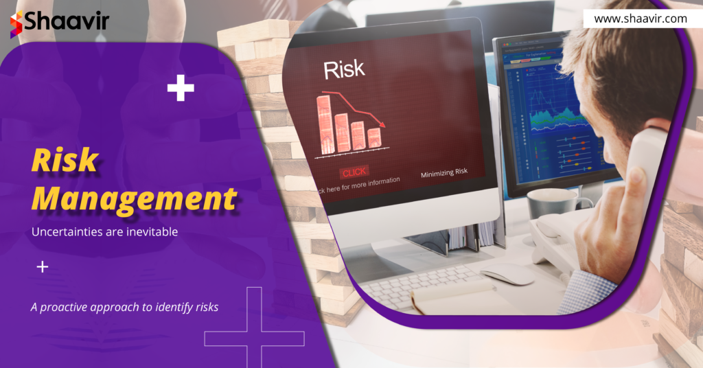 graphic image illustrating risk management with a computer screen displaying a risk graph, a person analyzing data, and text emphasizing the inevitability of uncertainties and the proactive approach to identify risks.