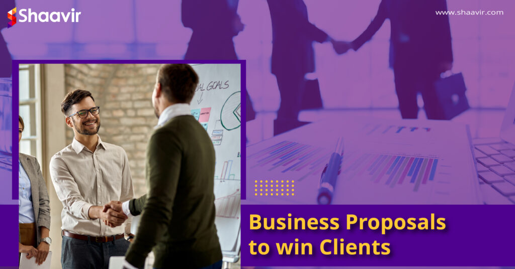 Two professionals shaking hands near a whiteboard with graphs, representing successful business proposals