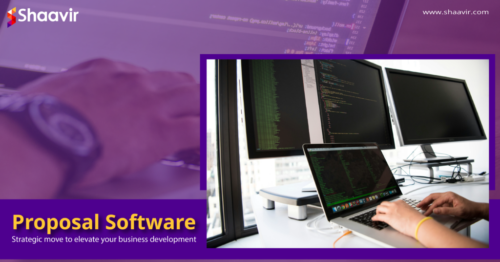 Person using proposal software on laptop with code displayed on multiple monitors.